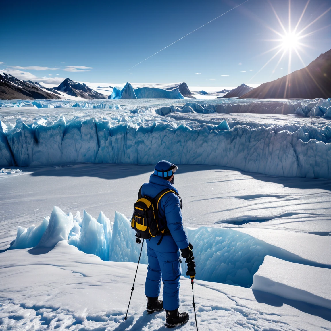 Aa man in snow gear on the edge of a glacier, with a camera, photographs the sea, the sun begins to rise, distant shot, ((ultra quality)), anime enhancement, ((8k resolution, masterpiece, best quality)), ultra detailed, ultra sharp, perfect colors, perfectly shaded, perfect lighting, very detailed face, perfect anatomy,