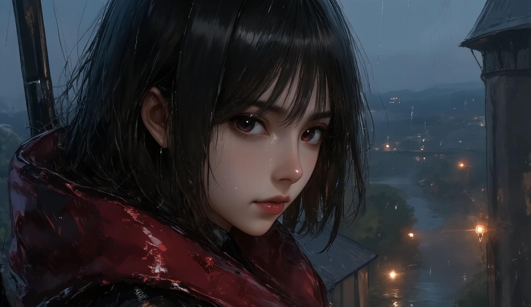On the other side of the rain, cotoeri, oil painting, a detailed painting, ink artistic conception, real paint texture, hyper-realistic, depth of field, dramatic lighting, Realistic, highly detailed, masterpiece, 8k, Cinematic Composition, dark moody vibe, Dramatic Shadows, Intricate and elaborate pattern, 30 megapixel, chiaroscuro lighting, moody color palette, deep contrast, realistic anime style, A fusion of the styles of Katsuya Terada, Range Murata, Akiman and JUNNY