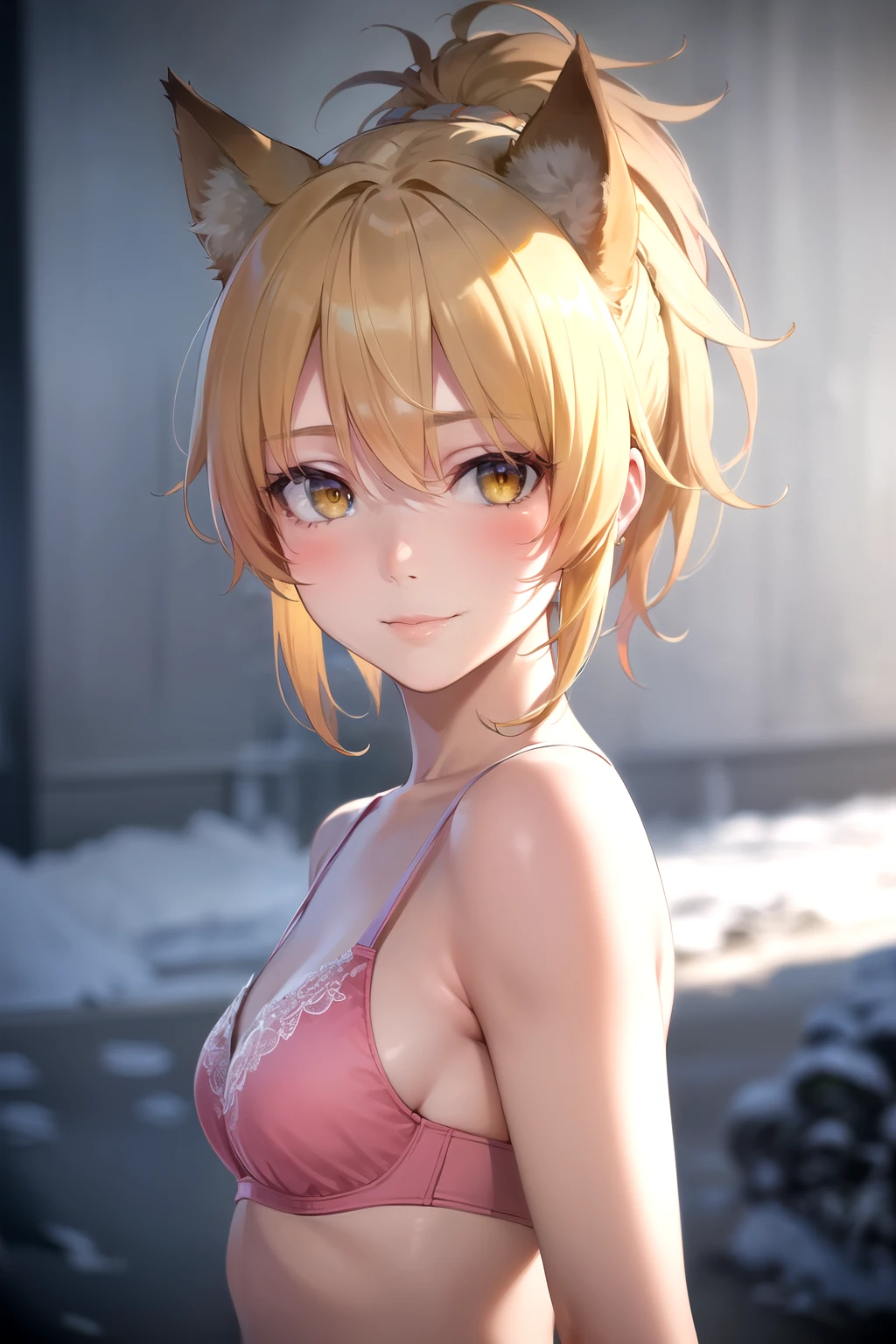 The best quality , masterpiece , Detailed,
feel,
1 girl, Closed mouth , smile, blush,
blond hair , collect, yellow eyes, Fox ears , foxtail , multiple queues,
Monkey, kimono, (red as well:1.2),
standing, Looking at the spectator, arms at the sides,
snow, sanctuary, pagoda a beautiful young woman, no clothes,extremely detailed face and body, detailed skin texture, (best quality,4k,8K,highres, masterpiece :1.2), ultra-detailed,(Realistic,photoRealistic,photo-Realistic:1.37),cinematic lighting,dramatic shadows,warm color tones,elegant pose,alluring gaze,sensual,atmospheric, fine art nude portrait analog photo ,Silhouette,reflector, portrait, a beautiful and pretty young Swiss girl , 1, highly detailed face, blonde, messy bun, small chest, Seductive facial expression, Wearing a pink t-shirt, dark background, , unedited RAW cinema,16 mm, Portra 400 film with color grading, remarkable color, ultra realistic, light skin,
bra and panties