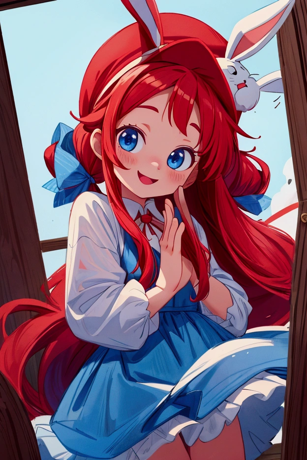 masterpiece, best quality, cinematic photo of smile, red long hair, two ponytails, blue eyes, bunny hat, , photograph, film, highres