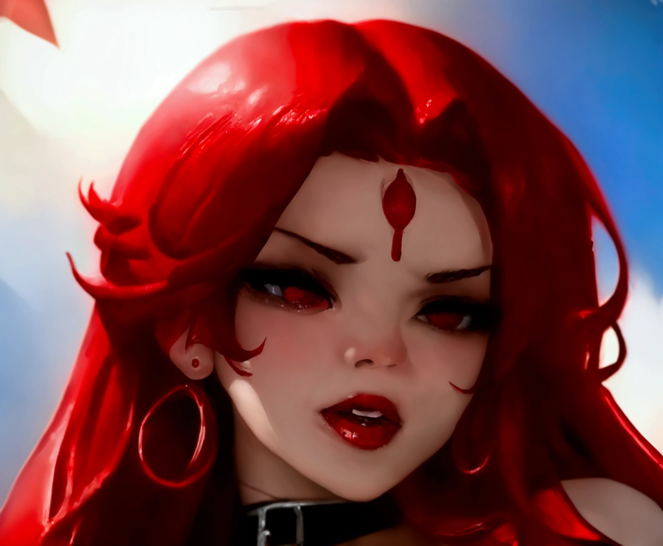A woman wearing a necklace and holding him in the necklace with a bright red outfit card, cute eyes, looking at his energy, nice lip, long hair on the shoulder, epic exquisite character art, concept art