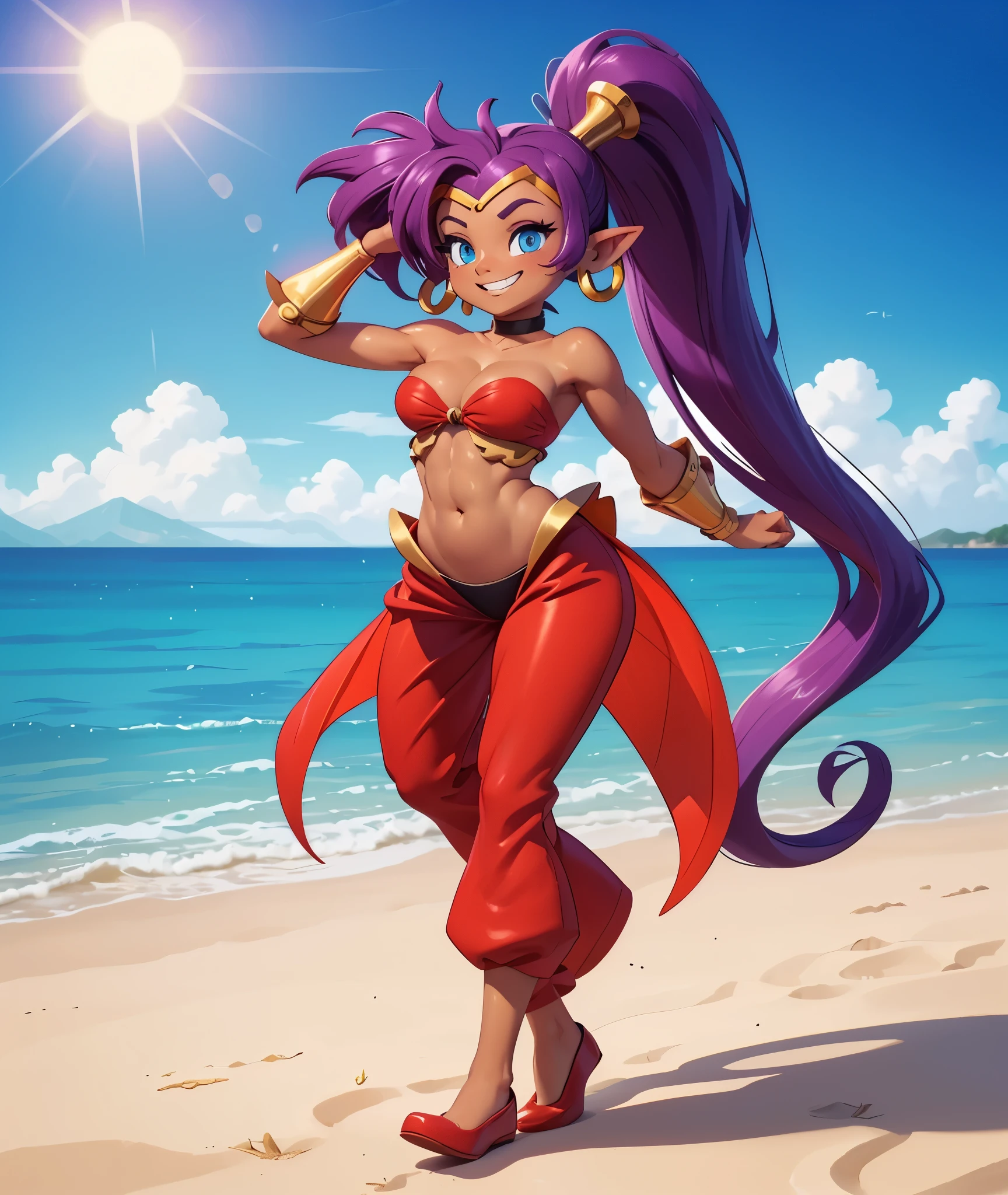 [Shantae], ((masterpiece)), ((HD)), ((highres)), ((solo portrait)), ((full body)), ((feet visible)), ((front view)), ((cartoon aesthetics)), ((beautiful rendering)), ((detailed shading)), ((intricate details)), {(attractive figure), (dark skin tone), (brown skin), (purple hair), (spiky bang), (long ponytail), (cute blue eyes), (white reflection in eyes), (long eyelashes), (toned muscles), (curvy hips), (beautiful legs), (cute grin)}, {(red o-ring bandeau), (vambraces), (red harem pants), (red shoes), (gold bracers), (gold tiara), (hoop earrings), (red choker)}, {(standing on sand), (looking at viewer)}, [ambient lighting, beach, glistening ocean, sun rays]