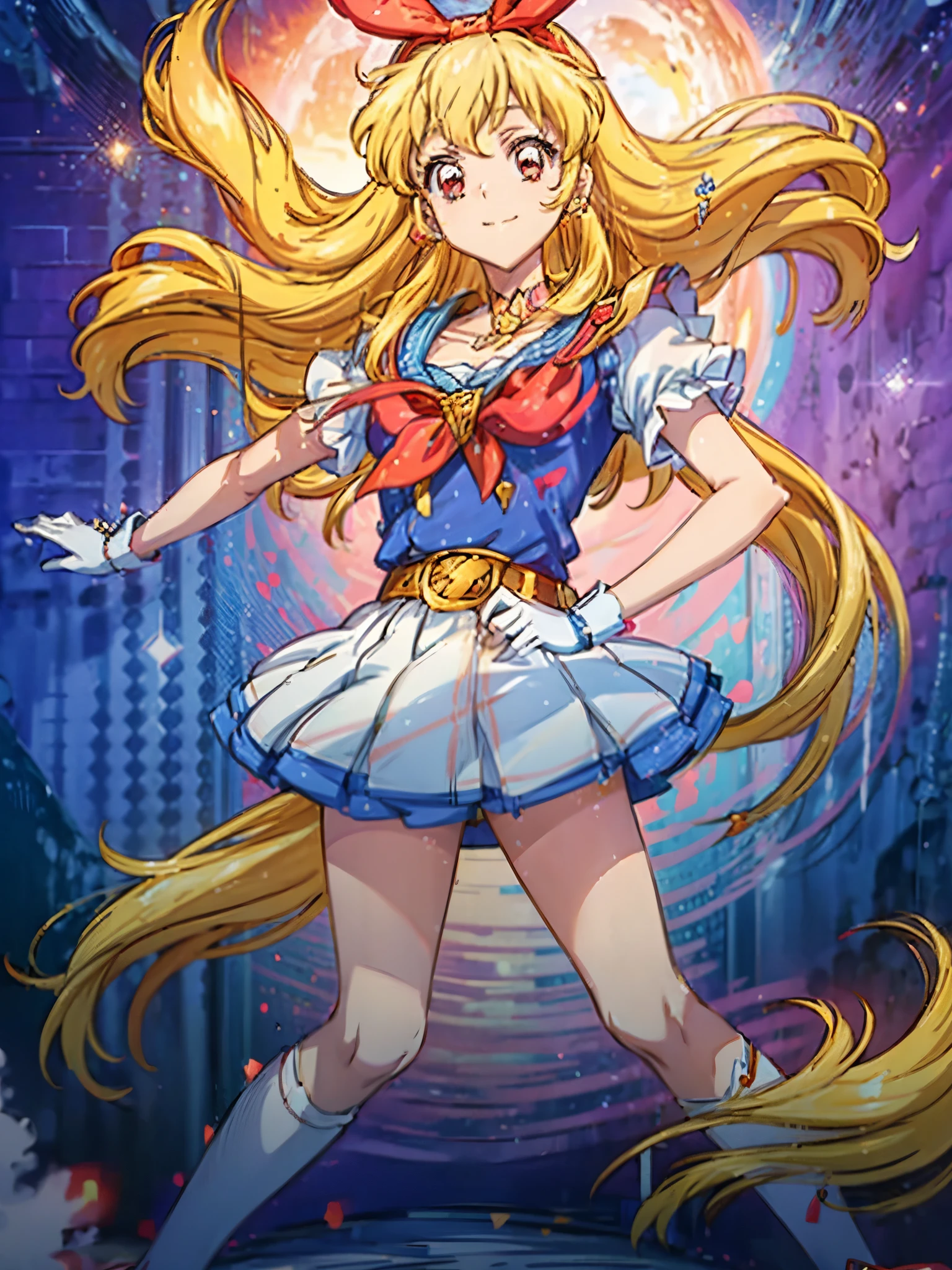 a anime girl with long hair posing on the moon, near a house and a building, 1girl, sailor moon, tsukino usagi, solo, skirt, sailor senshi uniform, blonde hair, blue eyes, gloves, panties, twintails, underwear, skirt lift, long hair, white gloves, moon, clothes lift, jewelry, night, looking at viewer, earrings, smile, choker, white panties, bow, double bun, breasts, lifted by self,lol_i,Ichigo Hoshimiya (Aikatsu!),supersailormoon,(pointy_groin,パンティー,from below)