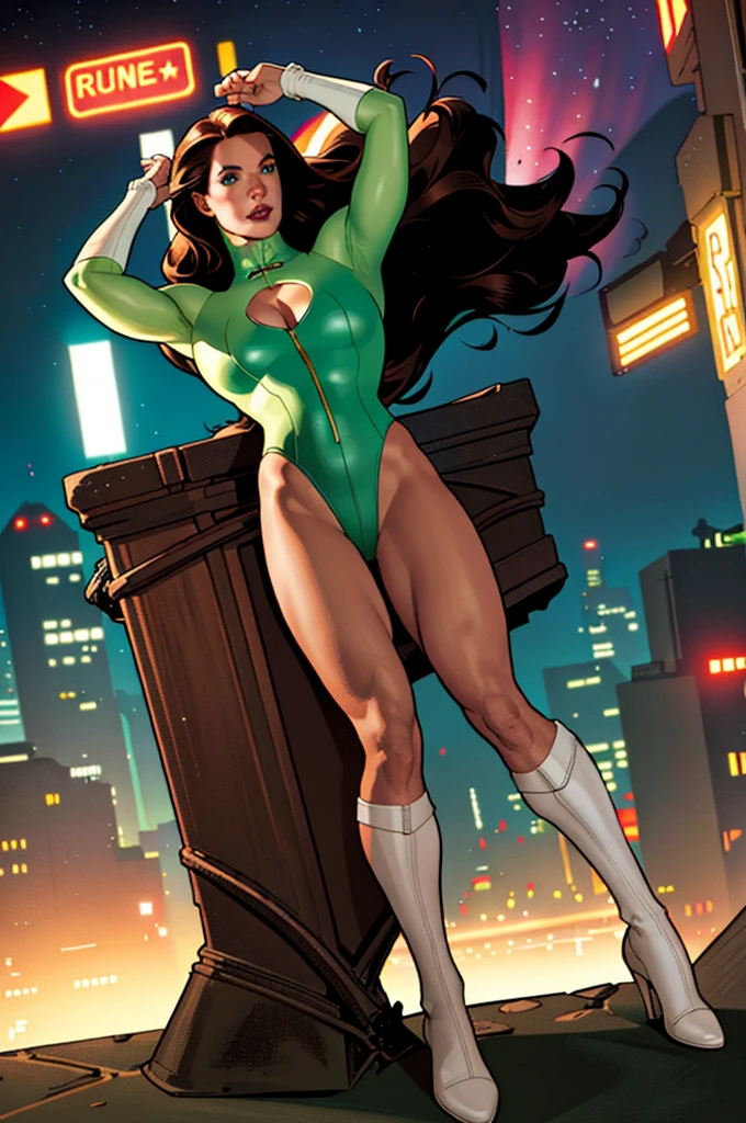 Angela White in comic book panel, (((full body))), bold lineart illustration comic, wearing a modern white and red swinsuit armor, parted lips, perfect body, long brown hair, sfw, in the style of Adam Hughes, (extremely detailed, masterpiece, best quality, 8 K ), (((best quality))), (((masterpiece))), best quality, masterpiece, arms up , long black hair, blowing in winds, seductive green eyes, Blade Runner, big city night background 