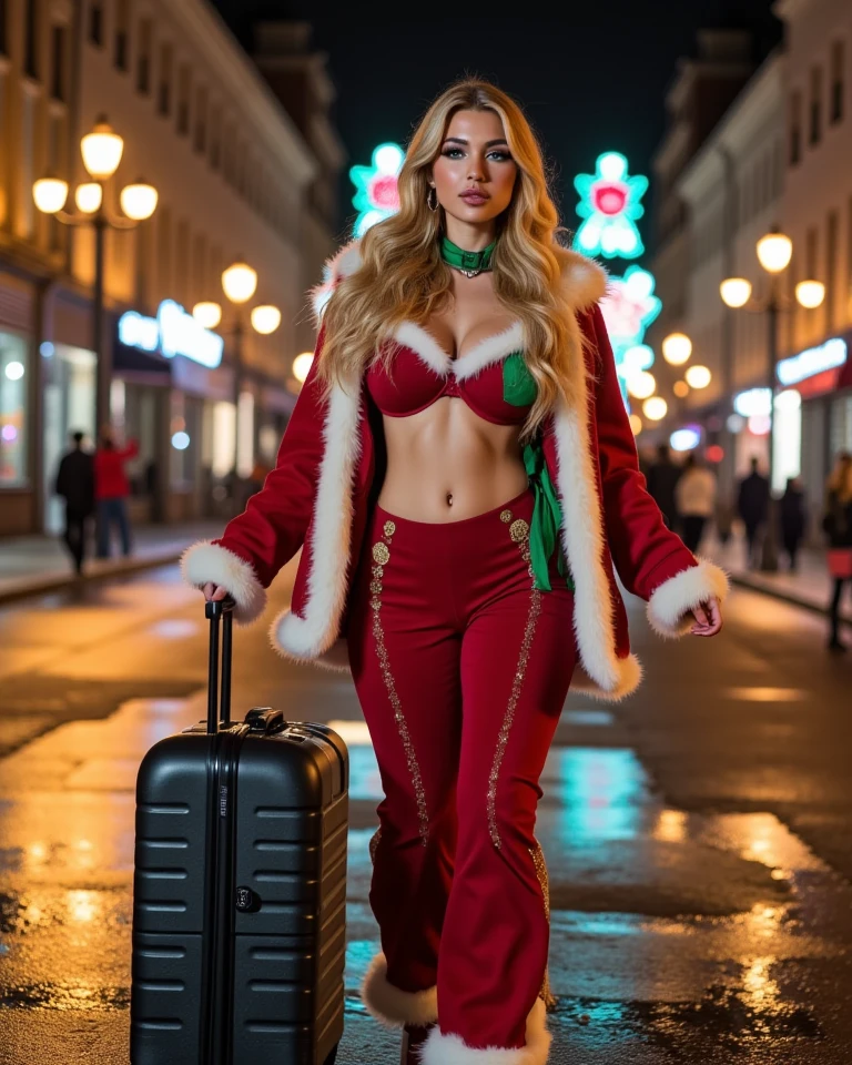 Woman long ginger hair bra big breasts dressed in sexy red robe, gloves, in the mall standing in a sexual position for bdsm flat abs skinny abs flat belly show bubble ass, smiling, happy face, sun shining,