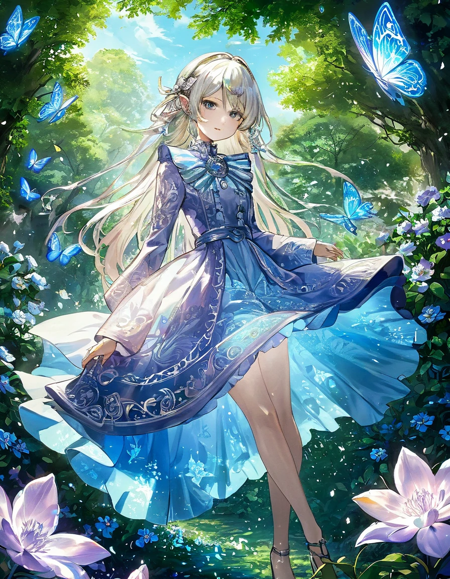   Masterpiece  , top quality, Freezing, sousou no Freezing, Elf,  kitsune， standing, ,  closed mouth ,   hair shed ,  Long Sleeve ,  earrings for a woman alone,  absurd,  high definition , , 
fantasy, Elfの森,  glowing butterflies flying around ,  illuminates the garden {x} blue grass and other colorful flowers bloom, tree々 light shines through the garden , every intricate detail ,  ridiculous details , Mythical fantasy,  mystical atmosphere ,  brushwork like an oil painting , 