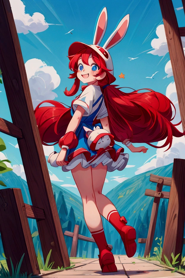 masterpiece, best quality, cinematic photo of smile, red long hair, two ponytails, blue eyes, bunny hat, , photograph, film, highres