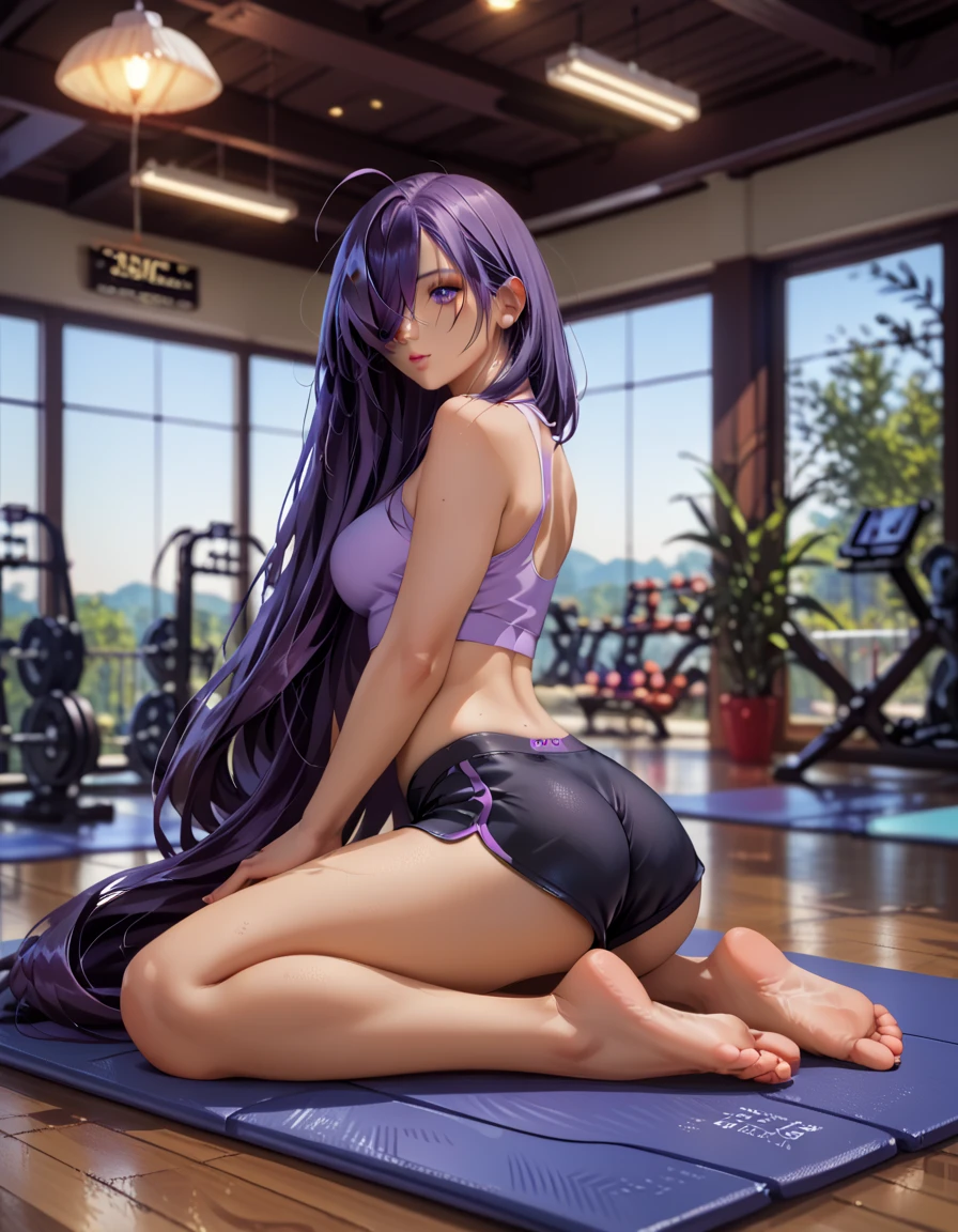 score_9, score_8_up, score_7_up, 1girl, solo, beautiful waifu, (Unchou Kanu, kanu, purple hair, hair over one eye, very long hair,:1.2), detailed eyes, detailed face, flirt, looking at viewer, (tiny yoga shorts, tight yoga top, bare arms, bare shoulders, barefoot:1.1), in the gym, yoga mat, low light, early evening, shallow depth of field, perfect hands, (Hand, detailed, perfect, perfection, hands:1.2), perfect proportions.