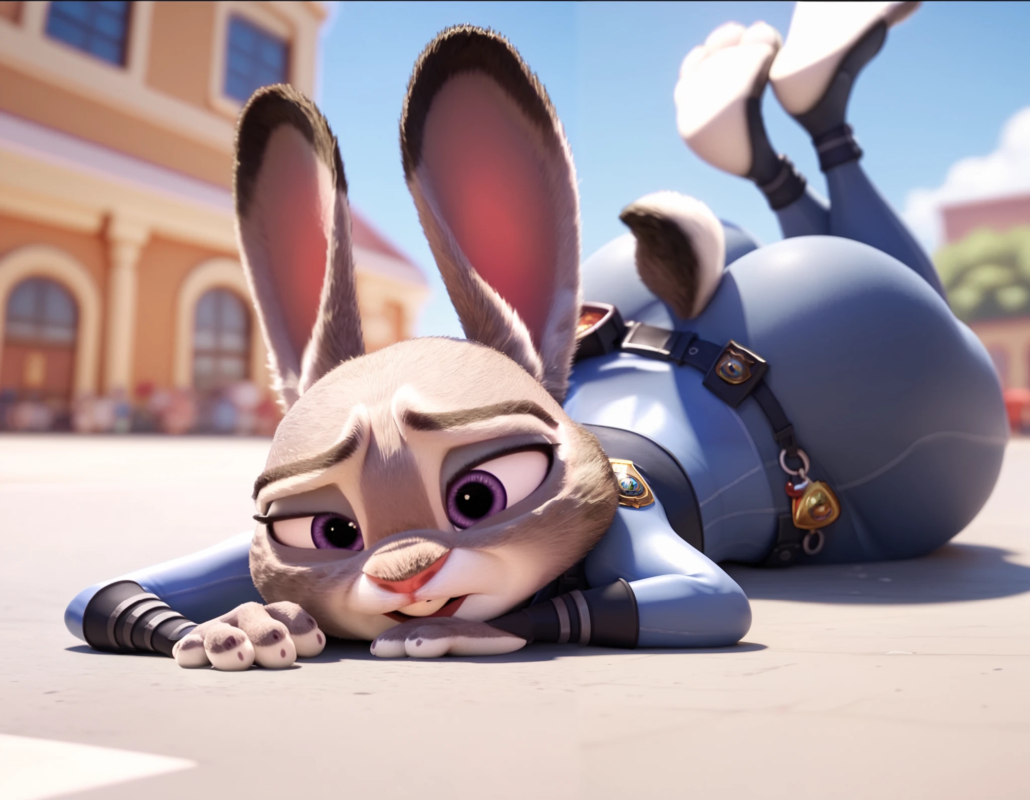 By disney pixar, 3d, solo, by qupostuv35, ((Macro)), ((judy hopps, lying face down)), female, on a street of zootopia, Police uniform, thick thighs, butt, wide hips