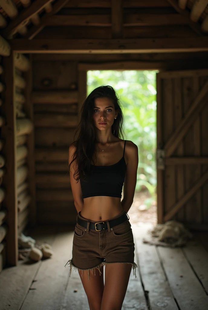 young woman wearing black tank top, blue jeans, brown studded belt, nature