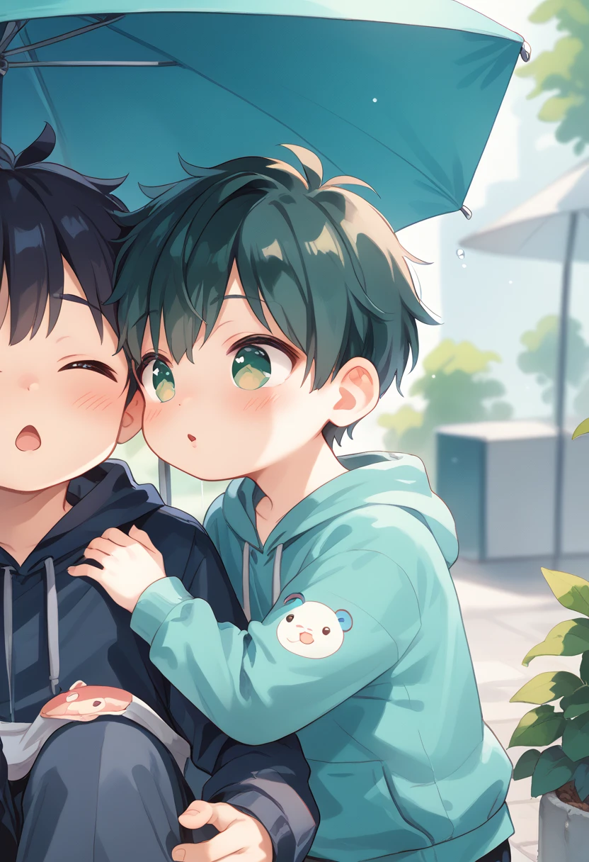 Comic style, comic anime cute boy, black hair, green eyes, slightly blushing, is a primary school boy, baby clothes, dino suit pink, cute face, big eyes, anime drawing style, shota boy size,slim body, boy's body, gay, boys love it, man and boy, heart in pupil baby boy, small boy, baby dino clothes, kisses, kissing, rain, kissing boyfriend, gay love, boy and boy