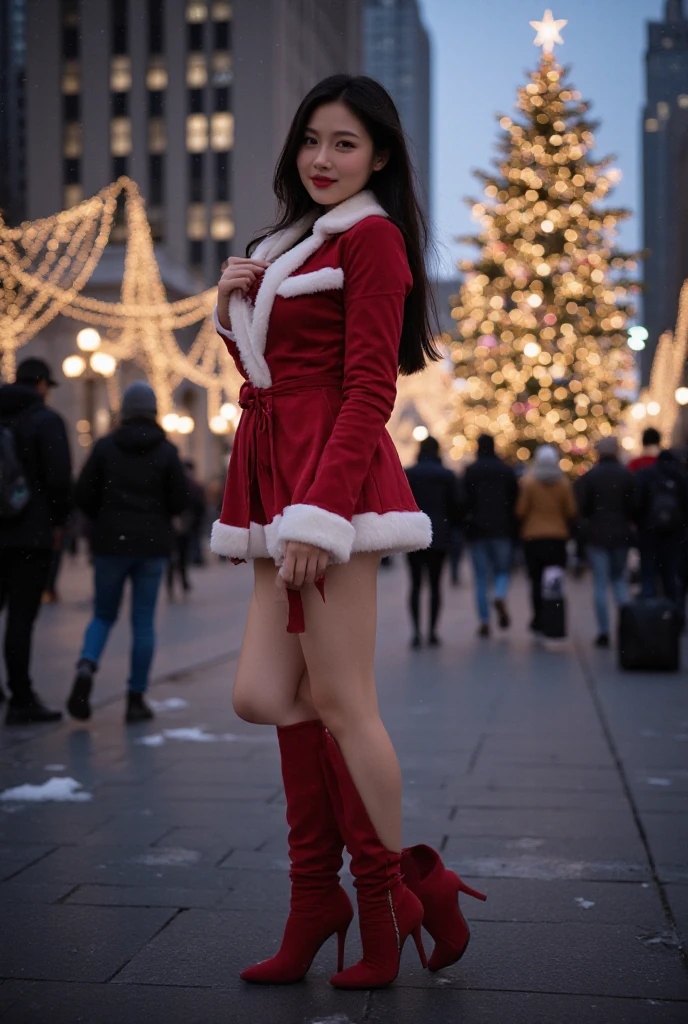 A Japanese woman with long, straight black hair, fit and athletic, is standing at the Rockefeller Center in New York during the Christmas season, dressed in a sensual Santa outfit. Her red velvet dress is form-fitting, trimmed with white fur, and she wears matching high-heeled boots. The iconic Rockefeller Christmas tree glows brightly in the background, surrounded by twinkling lights and festive decorations. Snow is gently falling, adding to the magic of the scene as she stands confidently, enjoying the festive atmosphere, blending elegance and holiday charm. The energy of the city swirls around her as tourists and locals enjoy the Christmas spectacle