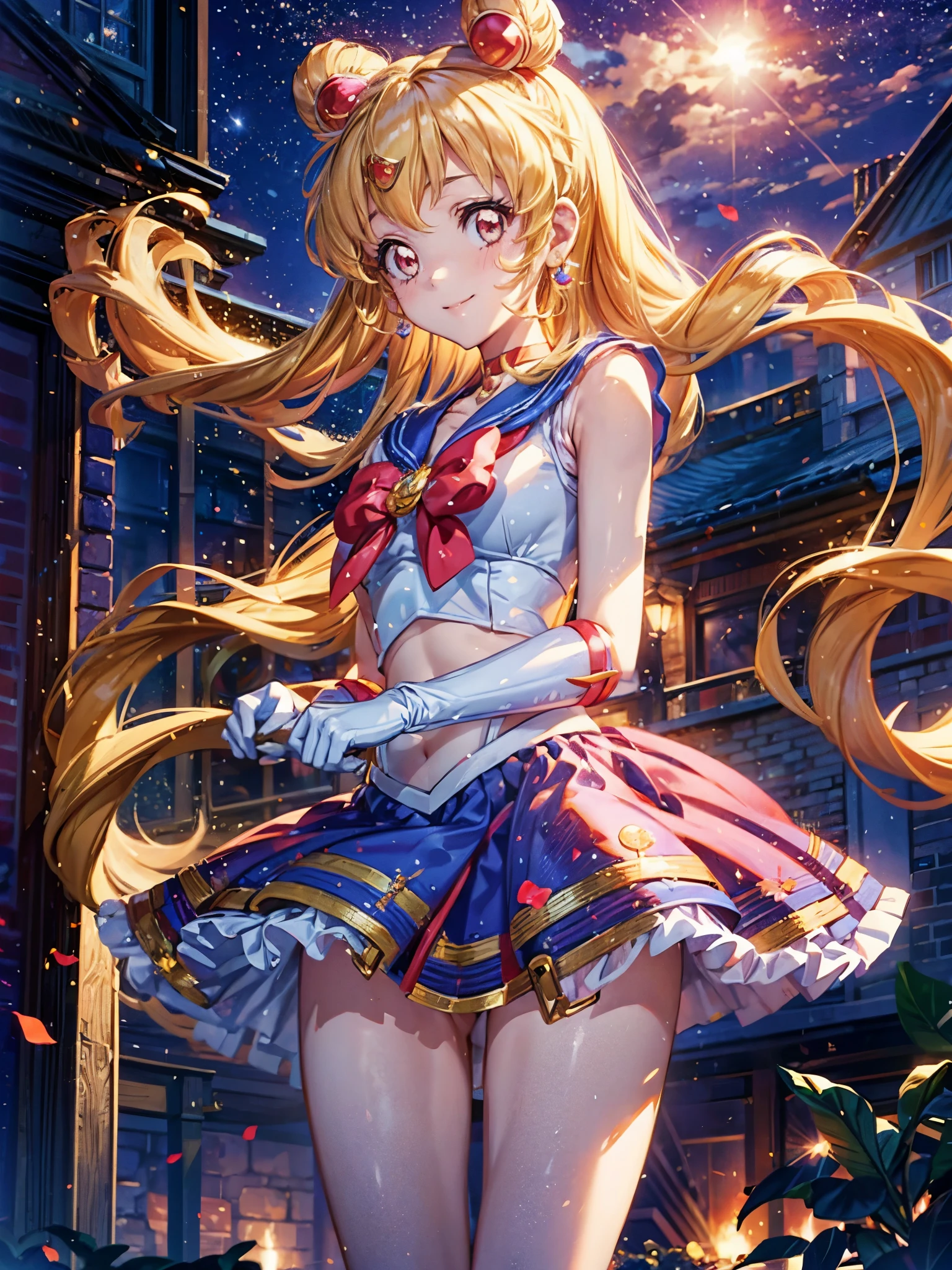 a anime girl with long hair posing on the moon, near a house and a building, 1girl, sailor moon, tsukino usagi, solo, skirt, sailor senshi uniform, blonde hair, blue eyes, gloves, panties, twintails, underwear, skirt lift, long hair, white gloves, moon, clothes lift, jewelry, night, looking at viewer, earrings, smile, choker, white panties, bow, double bun, breasts, lifted by self,lol_i,Ichigo Hoshimiya (Aikatsu!),supersailormoon