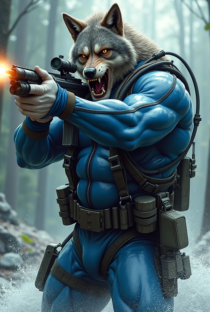 (A rugged beefy very muscular bulky old man), (wearing blue zipper wetsuit), (wearing realistic roaring wolf mask), shooting with rifle,  wearing bulky scuba gear, muscular physique, toned muscles, fierce, heroic, action, comic artstyle, bulky best quality, wearing white combat gloves. wearing gun holster on left thighs, dynamic action pose, fierce expression, showcasing an imposing stature, powerful, best quality image, action-packed atmosphere, masterpiece.