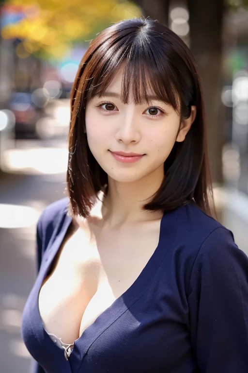 (masterpiece, best quality, perfect anatomy, highres, 8k, realistic, photorealistic, natural skin texture, no makeup:1.2), 1girl, solo, Japanese, age20, erogao, jp idol, tanukigao, shy smile, (large breasts:1.2), (perfect figure), autumn, Autumn Clothes, at Tokyo down town, (looking at viewer:1.5), natural lighting, (cowboy shot)