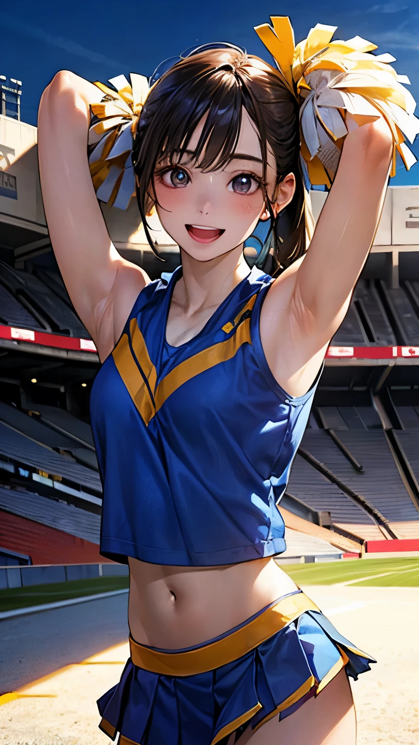 (Practical:1.4), (masterpiece, Side Light, beautiful eyes: 1.2), masterpiece*portrait, Practical, 3D Face, Shining eyes, shiny hair, Smooth skin, Solitary, Embarrassing, (Stomach pit), high resolution8k, armpitのポーズ, armpit, armpit, armpitを照らす光, masterpiece, Best image quality, high resolution, armpitのしわ:1.5, ぬるぬるしたarmpit, Solitary, Black tights, High ponytail hairstyle, locker room, locker room, No, Upper body only, armpit Light, laughter, Smile, Brown eyes, armpitの細かいシワ, リアルなarmpit, 濡れたarmpit, 艶やかなarmpit, 油を塗ったピカピカのarmpit, Standing straight towards us, Hands up, puberty, Sweaty face, Red lipstick, Athletics Stadium locker room, looking at armpit, I can see your belly button, (Vibrant details of natural skin texture, 超Practical)