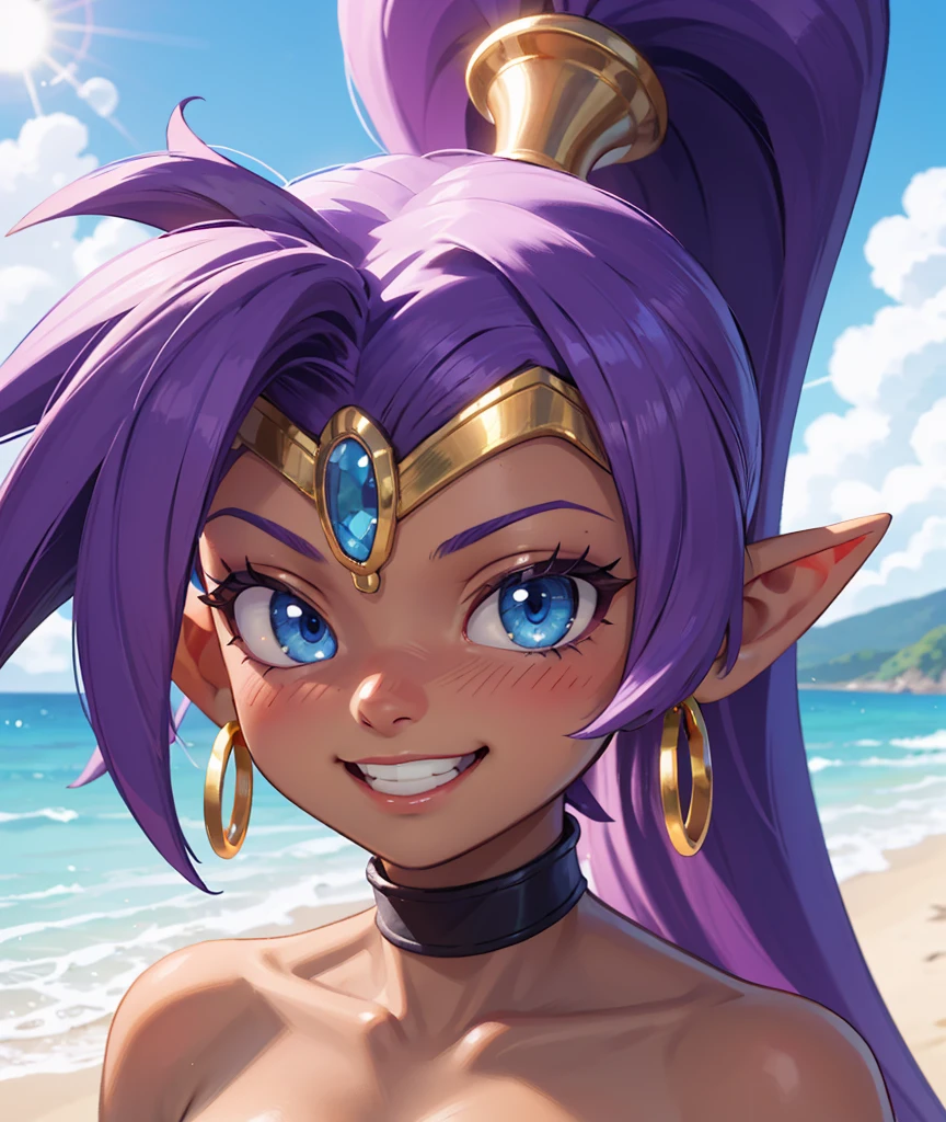 [Shantae], ((masterpiece)), ((HD)), ((highres)), ((face portrait)), ((close up)), ((front view)), ((cartoon aesthetic)), ((beautiful rendering)), ((detailed shading)), ((intricate details)), {(attractive figure), (dark skin tone), (brown skin), (purple hair), (spiky bang), (long ponytail), (cute blue eyes), (white reflection in eyes), (long eyelashes), (blushing), (cute grin)}, {(gold hoop earrings)}, {(looking at viewer)}, [ambient lighting, beach, glistening ocean, sun rays]