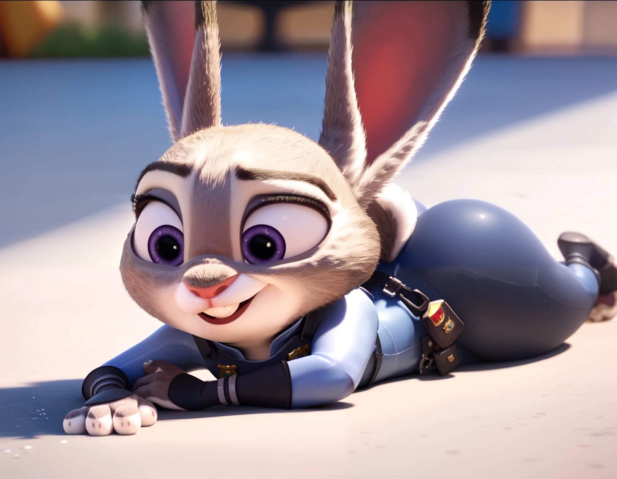 By disney pixar, 3d, solo, by qupostuv35, ((Macro)), ((judy hopps, lying face down)), female, on a street of zootopia, Police uniform, thick thighs, butt, wide hips