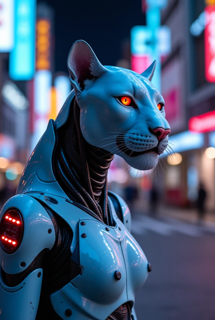 a mechanical animal , a futuristic metallic panther, blue and white colors, with hard surface , LED lighting in red colors , glowing eyes , design with a neon city background
