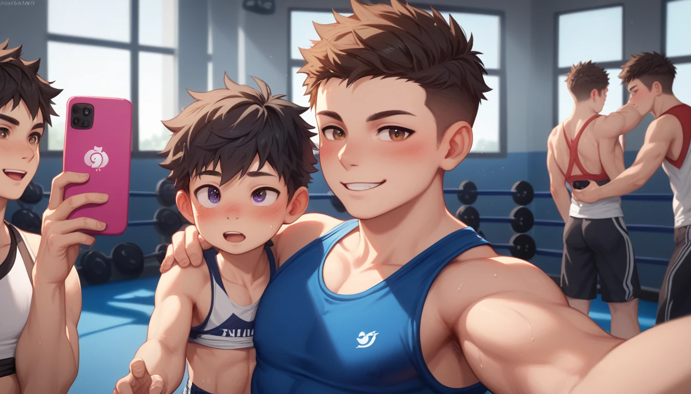 Two handsome cute kiid little young boy 5yr,kiidnap,delicious expression,blush,messy short hair,from front,in public gym,kiid face,wearing clothes wrestling,selfie in gym mirror,fullbody,HD,4k,8k,dynamics lighting,perfect lighting,realistic