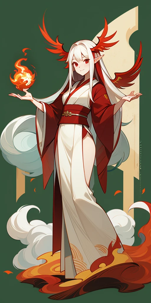  elf girl with long white hair,  with red eyes, Asian,  in red and white hanfu with phoenixes . with red hair decorations .