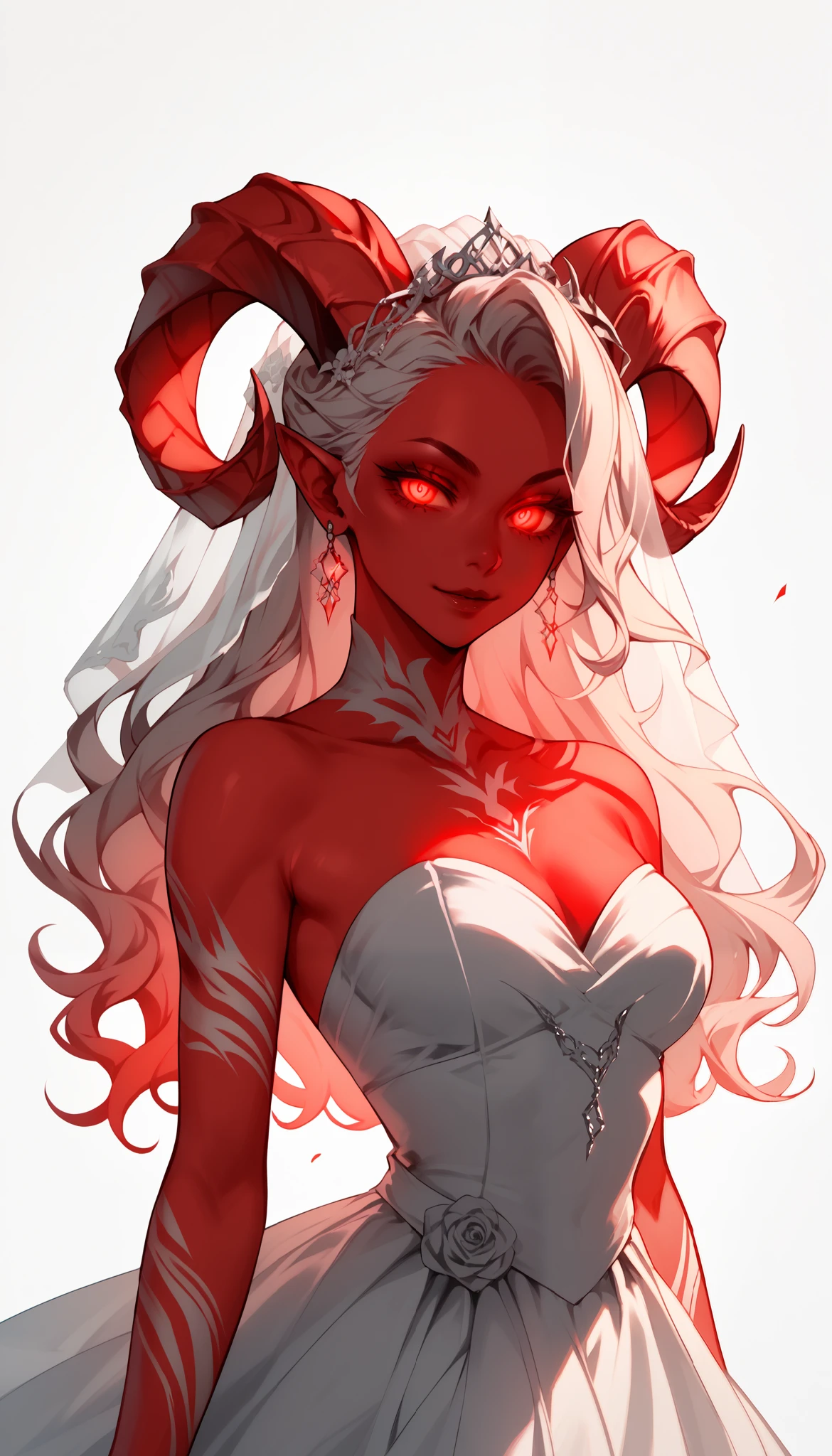 score_9, score_8_up, score_7_up, 1girl, solo, flowing hair, glowing red eyes, curved ram horns, sharp ears, red skin, demoness, stark white background, limited red palette, monochromatic, eerie atmosphere, light wedding dress, seductive,