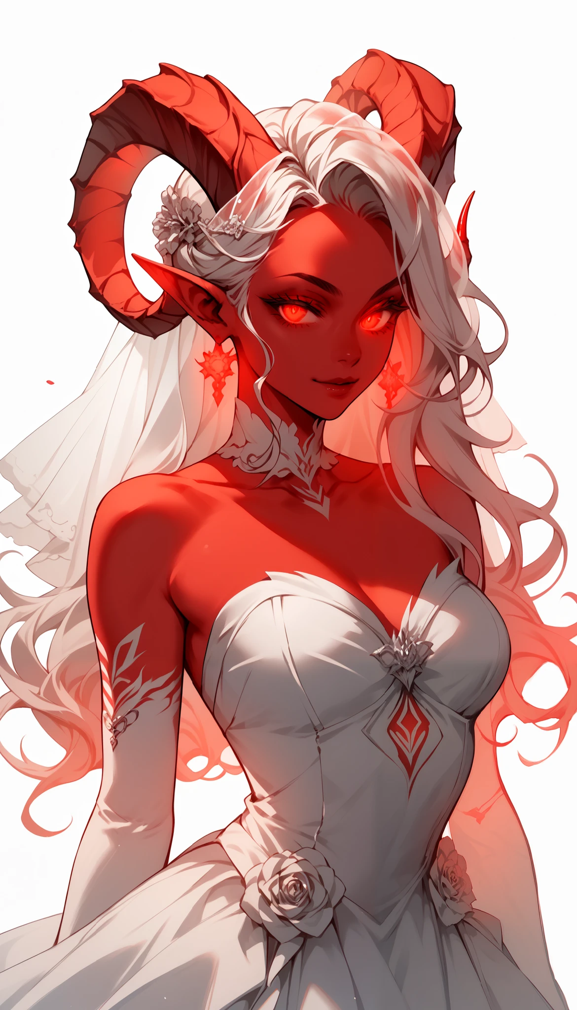 score_9, score_8_up, score_7_up, 1girl, solo, flowing hair, glowing red eyes, cute curved ram horns, sharp ears, red skin, demoness, stark white background, limited red palette, monochromatic, eerie atmosphere, light wedding dress, seductive,