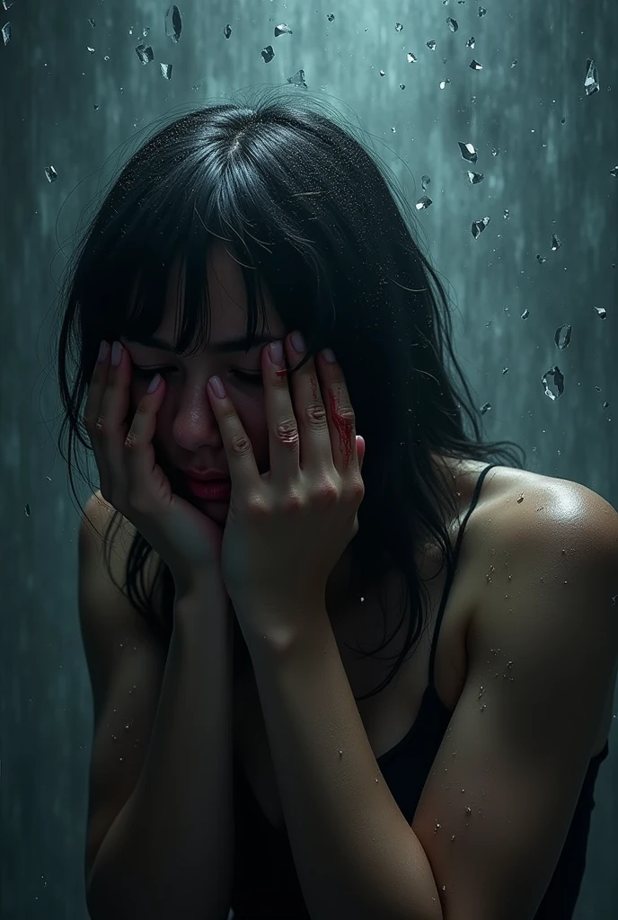 best image quality, masterpiece, ultra high resolution, (fidelity :1.4), photograph, 1 girl,[(sorrow)],white shirt, 薄dark, dark, Desperate, pity, pitiful, cinematic,tear,teardrop,(torn clothes:1.5), (wet clothes:1.4), bare shoulders,real rain,wet hair,..