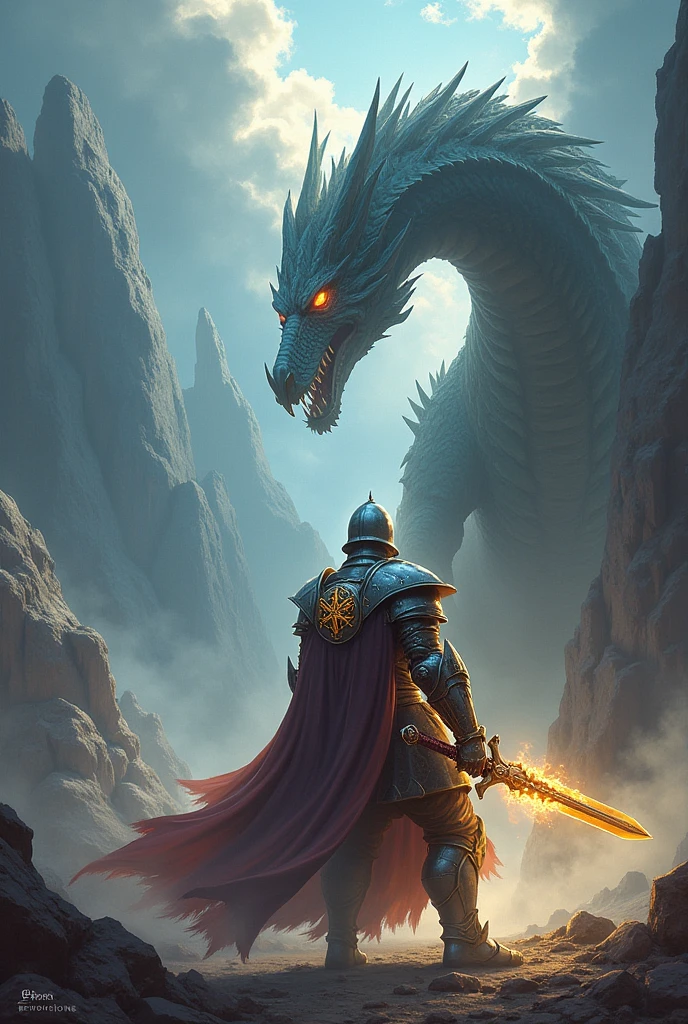 [Core Concept]
A courageous knight, Ivan, engaged in a perilous battle against a fearsome dragon within the confines of a dark, foreboding cave.

[Character Description]
The valiant knight, Ivan, stands resolute, his armored figure casting a dramatic silhouette as he prepares to face the monstrous dragon, every muscle taut with determination.

[Environment/Background]
The cavernous space is shrouded in shadows, the walls glistening with moisture and the air heavy with a sense of unease. The dragon's massive form looms in the background, its scales gleaming with an otherworldly iridescence.

[Style and Atmosphere]
The scene is rendered with a masterful blend of realism and drama, the chiaroscuro lighting lending an intense, almost cinematic quality to the composition. The bright, vivid colors heighten the sense of danger and the palpable tension of the confrontation.

[Composition]
The composition is tightly framed, drawing the viewer's attention to the central figures and the impending clash, with the knight's powerful stance and the dragon's coiled, menacing presence creating a sense of imminent action.

[Details and Embellishments]
The intricate details of the knight's armor and the dragon's features are rendered with exceptional sharpness and clarity, heightening the sense of realism and the visceral nature of the encounter.

[Technical Specifications]
The image is a masterpiece, with a level of detail and realism that transports the viewer into the heart of the kingdom's delight – a thrilling, high-stakes confrontation between a brave knight and a formidable dragon.