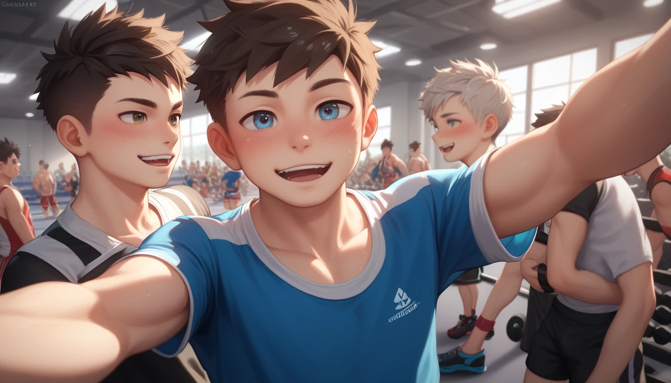 Two handsome cute kiid little young boy 5yr,kiidnap,delicious expression,blush,messy short hair,from front,in public gym,kiid face,wearing clothes wrestling,selfie,fullbody,HD,4k,8k,dynamics lighting,perfect lighting,realistic