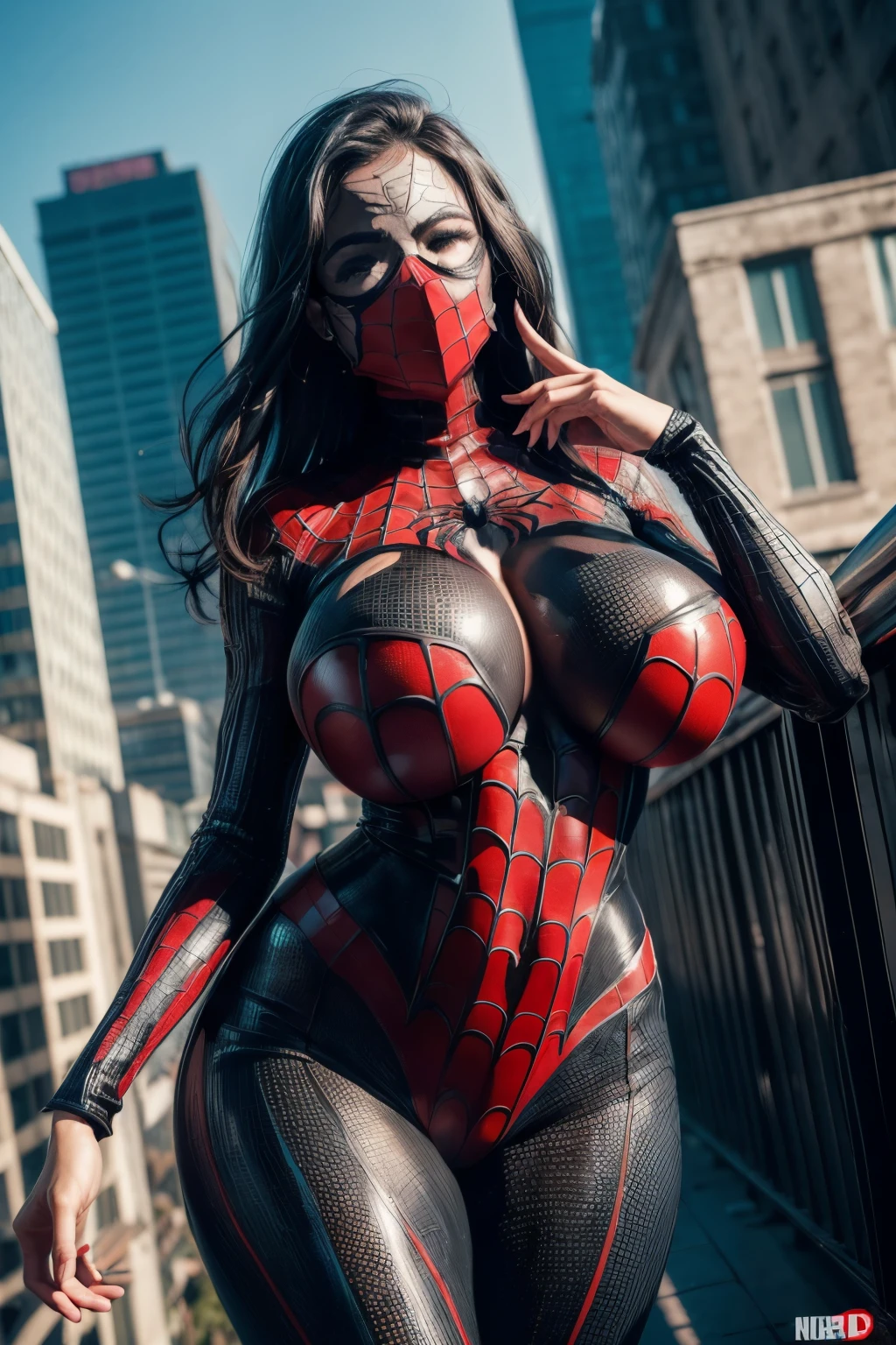 sexy cute beautiful (Spider-woman), (((huge breasts))), (slim thick), (skinny), ((ultra-detailed)), (photorealistic), 8k, ((curvy accentuated body)), ((Mask covers eyes)), Standing on a building