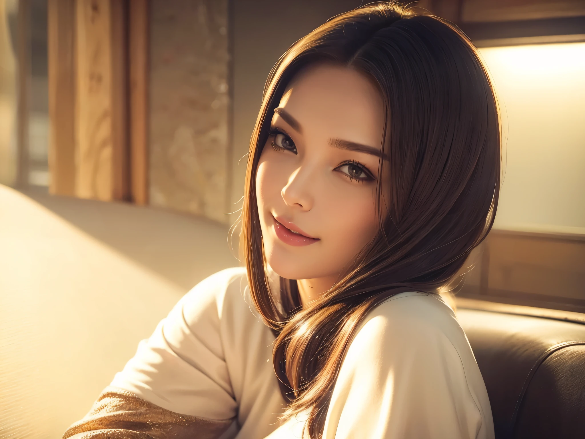 a beautiful young woman in a casual outfit, short hair, lady bikers, detailed face, alluring eyes, full lips, large bust, turtle neck t-shirt, leather jacket, outdoor date setting, soft lighting, warm colors, photorealistic, 8k, cinematic, beautiful detailed eyes, beautiful detailed lips, extremely detailed face and eyes, long eyelashes, intricate clothing textures, elegant posing, warm smile, romantic atmosphere