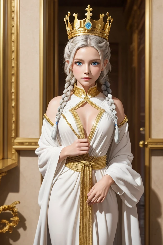 a statue of a woman wearing a white robe with gold trim and gold crown, 1girl, solo, long hair, blue eyes, white hair, braid, upper body