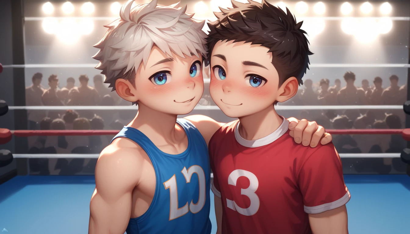 Two handsome cute kiid little young boy 5yr,kiidnap,delicious expression,blush,messy short hair,from front,in public gym,kiid face,wearing clothes wrestling,fullbody,HD,4k,8k,dynamics lighting,perfect lighting,realistic