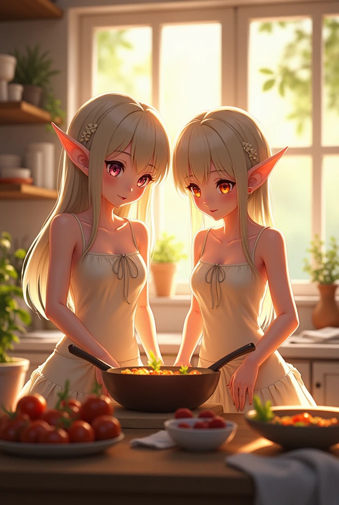 Silver Haired Elf、Naked Apron、kitchen、piece、cooking、Smiling face