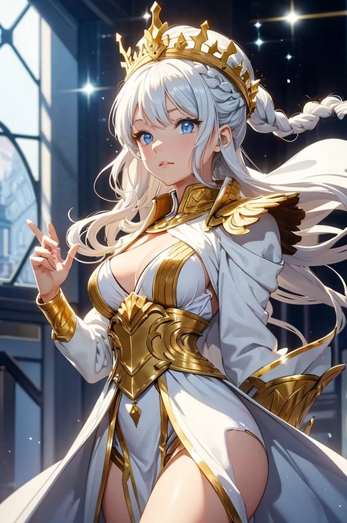 a statue of a woman wearing a white robe with gold trim and gold crown, 1girl, solo, long hair, blue eyes, white hair, braid, upper body