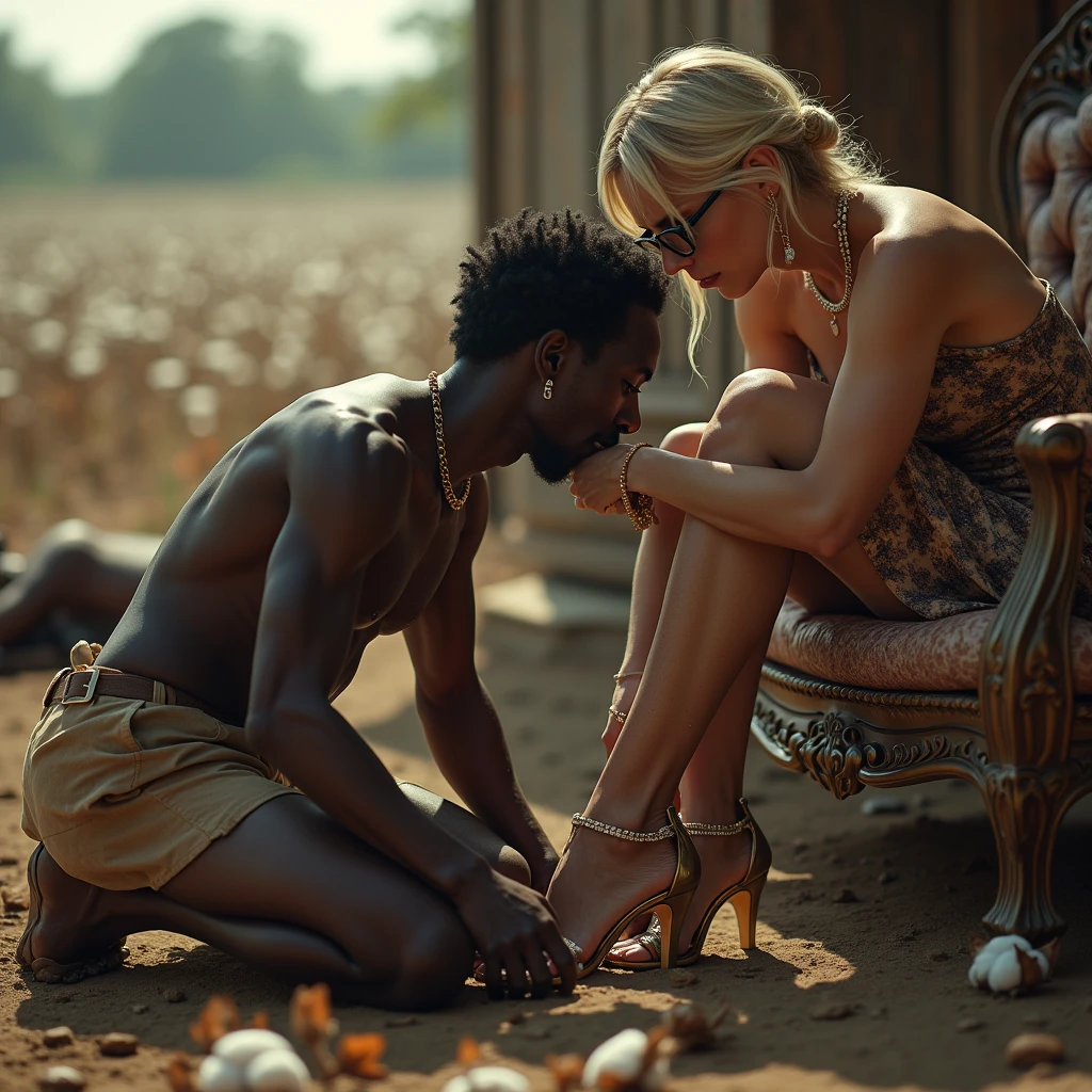 A man and a woman lounging on pile of dark green plastic bags on a narrow street with waste on the floor, nuns in the background. The man, taller and dominant: barefoot, dark skinned with black afro hair, muscular, african traditional robes and ethnic jewelry, possessive stance (arm around her partner"s shoulders, leaning on her partner and the other hand on her partner's crotch). The woman, caucasian blonde, feminine, very pale skin, slim and weak body, submissive attitude, laid back, long neck, very thin, helpless and weak, eagerly stretching her neck trying to kiss her boyfriend, idle hands, wide open legs, platinum blonde hair (bouffant, pouf, top bun) and oversized square sunglasses. Big lips. Black lace push up bra, silicone breast,, low rise black lace thong. Tall pointy knee high leather boots, with high heels, lots of thick wide studded bracelets, chain necklaces and big rings, Long earrings with chains and feathers, Chains around her narrow hips. Neck, chest, stomach, feet, hands, arms and wrists heavily tattoed. Toned abdominals, thin neck, slim legs and thin arms