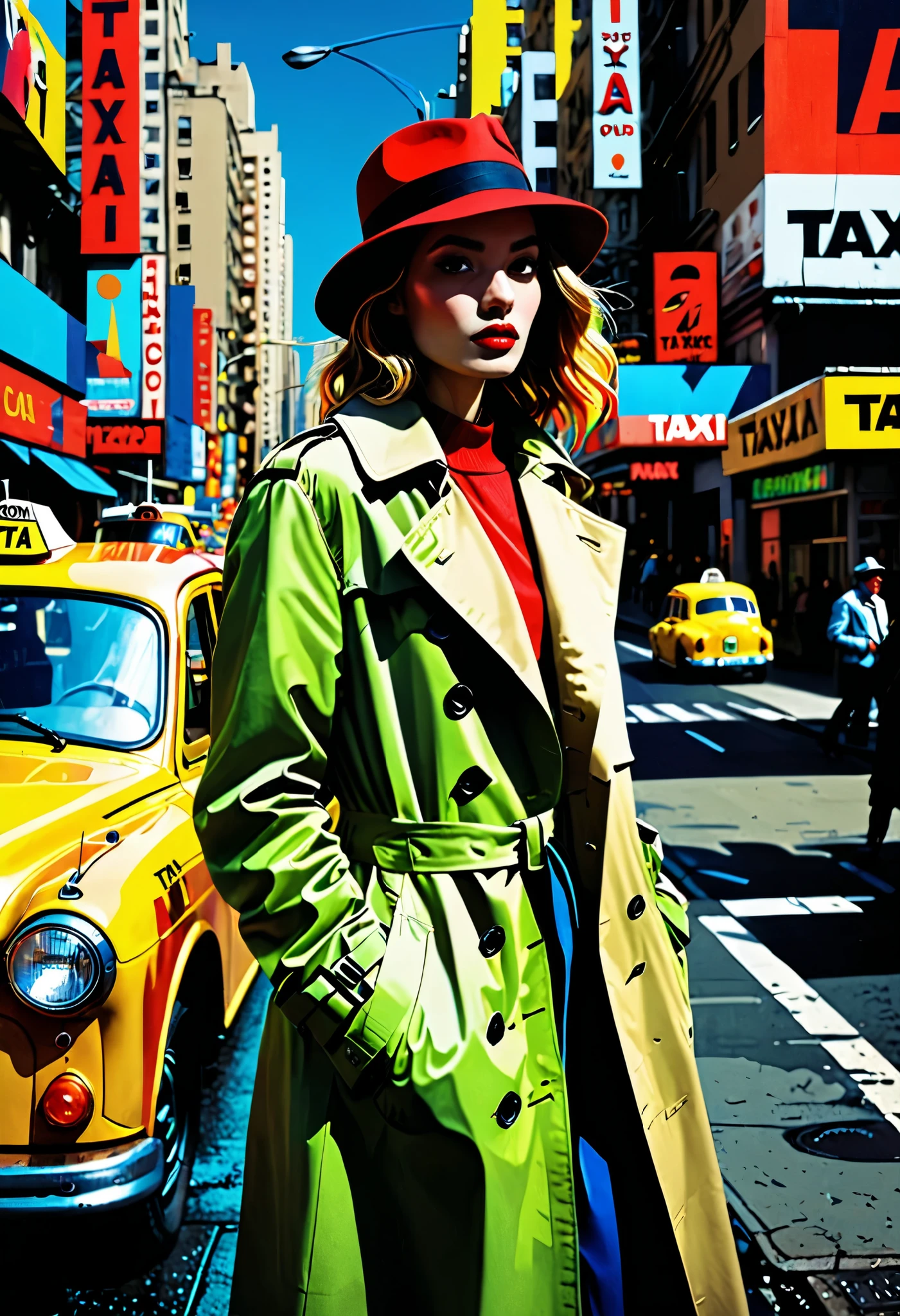 pop art,Decalcomania,bold colors,vibrant color blocks,1girl,solitary traveler,long trench coat,red hat,expressionless face,high contrast,urban cityscape,vintage posters,taxi in motion,neon signs,shadows of pedestrians,loneliness amidst chaos