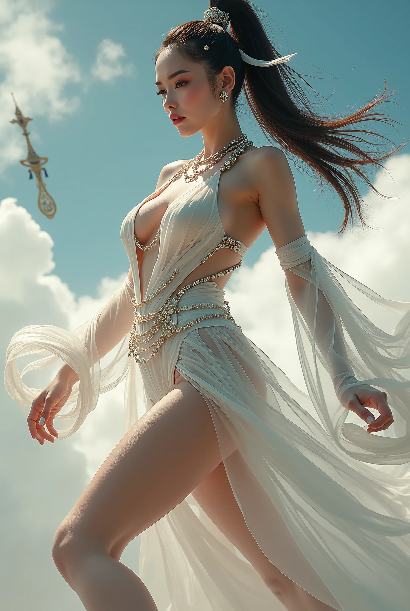 slave , blood, dirty clothe, a mature sad female, ethereal, large breasts, vivid color, bare shouders, perfect female figure, arms up, armpits, thighs, [light smile], expressionless, masterpiece, 8k resolution, fantasy art, ((high jumper's body proportions)), ((obesity: 0.0)), ((((no panties)))), ((no panties))), ((( No pants))),(((No socks)))),(No skirt)))),((No shoes)))),((Dynamic posture)))), (Full body))), , (Greek feet), (Carefully groomed nails),((Delicate and small toes, perfect toes))), (Camel toes),((Correct anatomy)),((Correct dissection))),( Clothing: high slit design, white flowers cut at the waist, perfectly blending with the figure))), ((( the robe flutters with the wind))), (((the world of clouds and mist))), (the clothes are painted with dirty and blood )))),