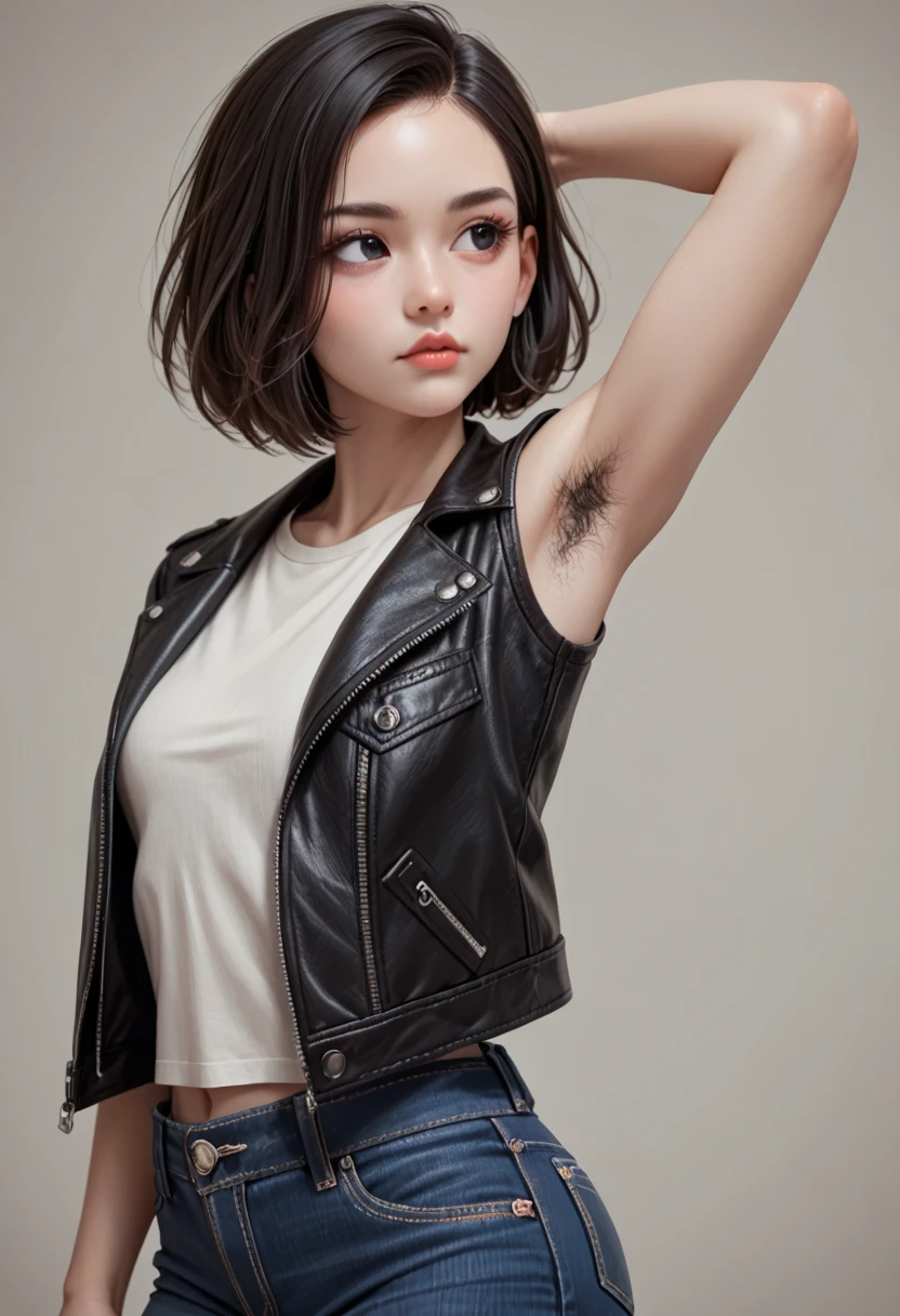 Best quality, 8k, 32k, perfect body, ultra detailed face, , detailed eyes, detailed black eyelashes, beautiful face, asymmetrical bob hair, detailed white skin, sweet little lips, looking forward, show me your armpit, a little black armpit hair, graceful standing pose, short sleeve leather jacket, black short jeans