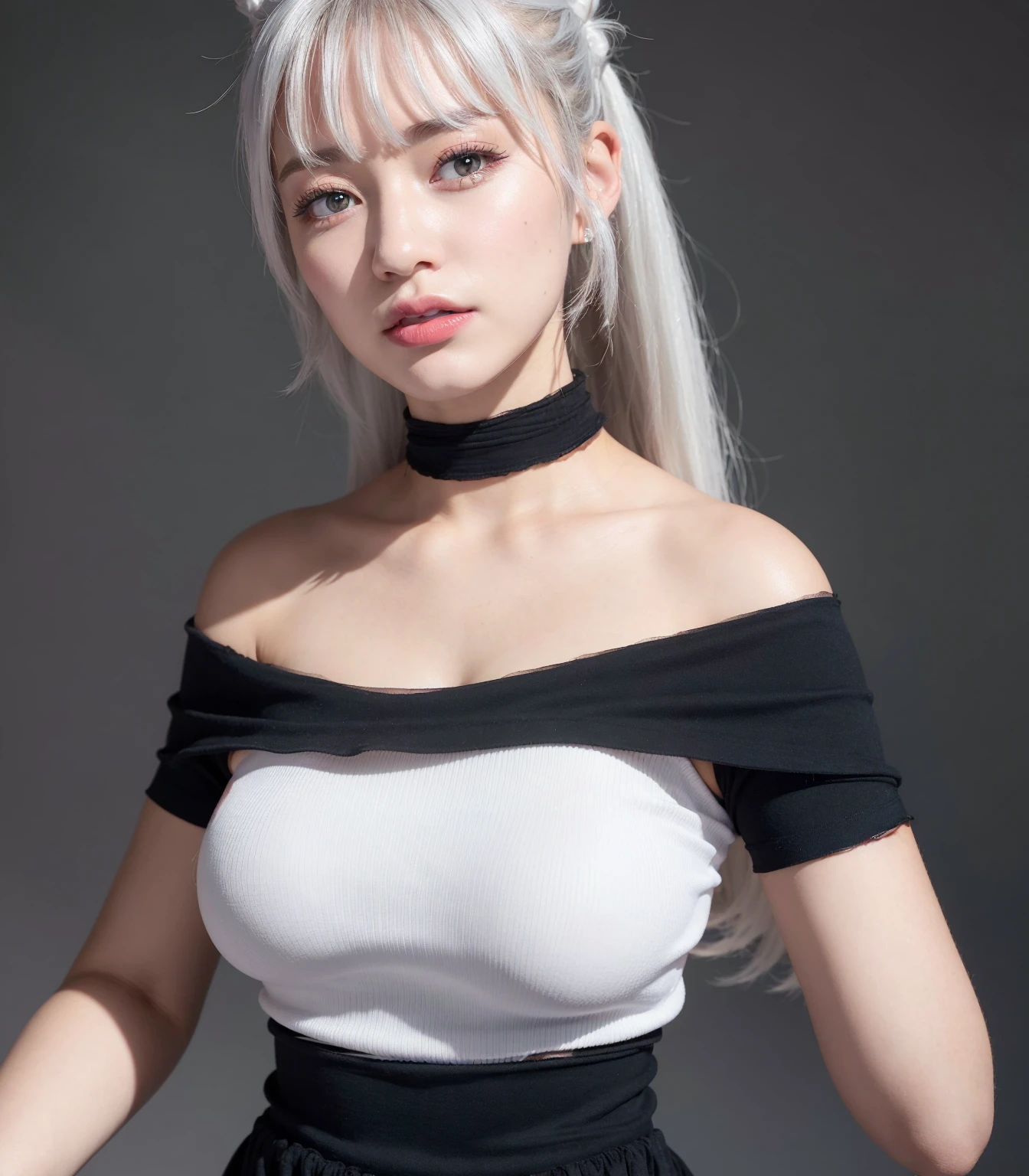  top quality,   ultra high resolution, ( photorealistic :1.4),  1 girl ,  off-the-shoulder white shirt ,  black tight skirt,  touch the black choker , (  faded ash grey hair skin texture:1), (Big Breasts:1.2),  viewers,  close-up 