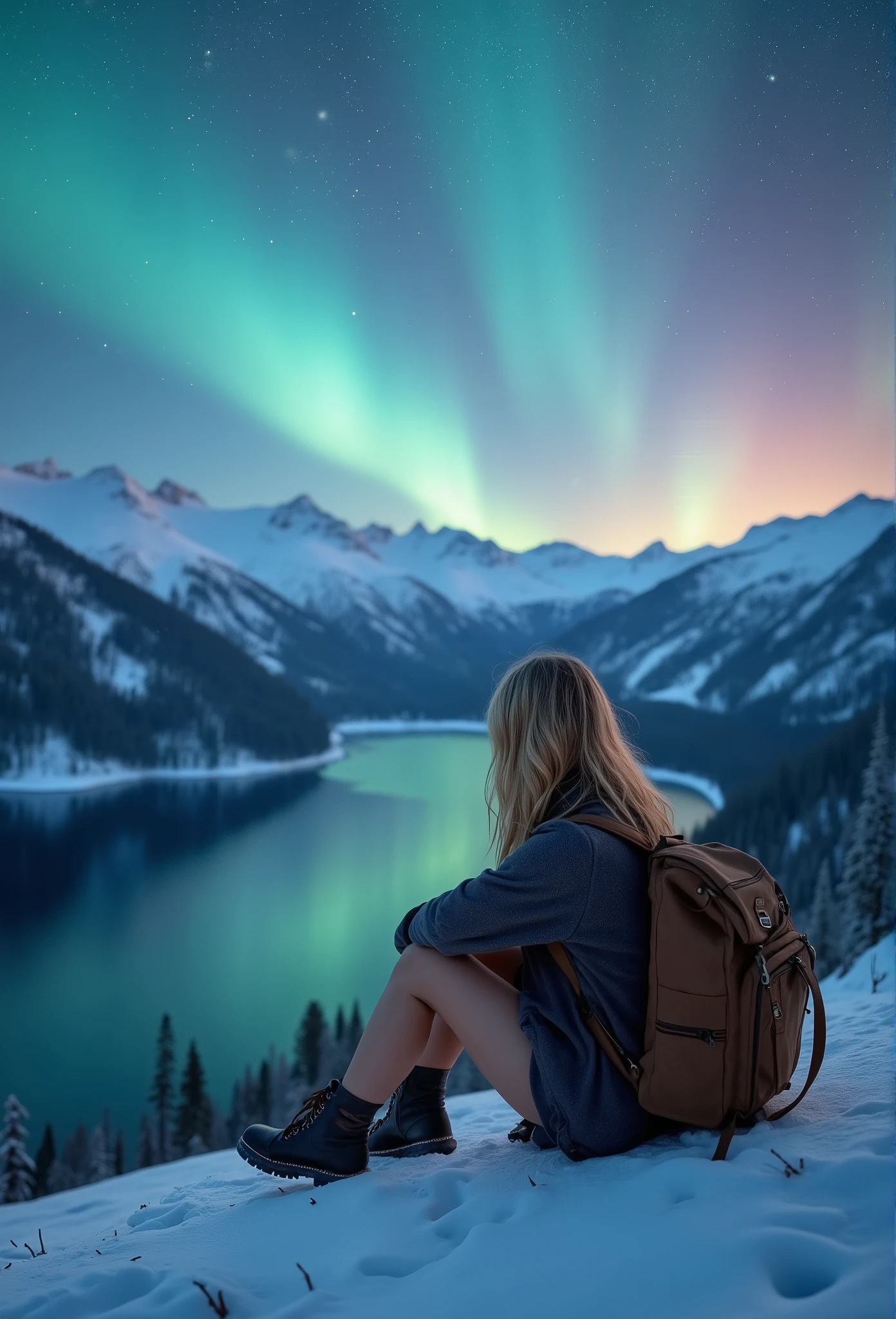 A photorealistic image captured in the cinematic style of a professional landscape photographer, using a full-frame DSLR camera with a 50mm f/1.4 lens. The composition showcases a solitary female traveler sitting atop a snowy hill, her blonde hair softly illuminated by the glow of the starry sky above. She is dressed in trendy boots, traveling shorts, and a rugged yet stylish backpack that complements her attire. The scene captures her from a side profile, gazing out over a majestic winter landscape. A clear, mirror-like lake in the valley below reflects the brilliant stars and a faint aurora, surrounded by frosted hills and snow-laden trees. The lighting is delicate, with a soft bokeh effect emphasizing the traveler while the stars and snowy terrain provide a sharp, ethereal backdrop. The atmosphere is serene and magical, evoking solitude and wonder. The image is crafted with HDR detail and dynamic lighting, achieving a perfect balance of crisp realism and artistic depth.