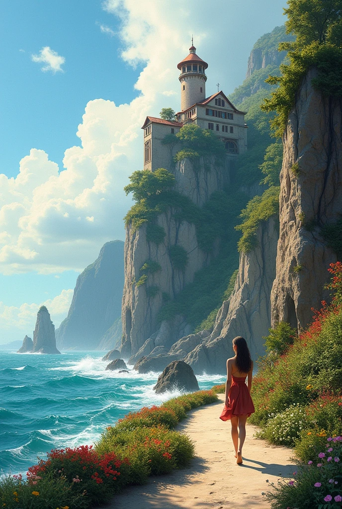 Frank Frazetta, Aykut Aydogdu, Pino Daeni, Charlie Bowett, Albert Joseph Peno, Ray Caesar, Tetsuya Ishida. Zdzislaw Beksinski. Girl by the sea. masterpiece. Best quality. a beautiful cinematic impressionistic picture.
