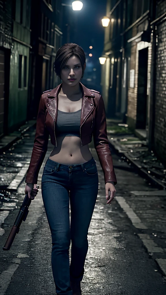 Realistic photo of a very beautiful and captivating Claire Redfield from Resident Evil 2. Beautiful face. Medium length straight brown hair. Ponytailed hair. Beautiful body. Medium breasted. Wearing an opened red leather jacket. Blue jeans pants. Walking on the dark street. At night. Zombie apocalypse. Ruined city. 
Cinematic lightings. Volumetric lightings:1.4,masterpiece:1.3, realistic photo:1.3, 16K. RTX on. Cinematic scene. Horror ambience.