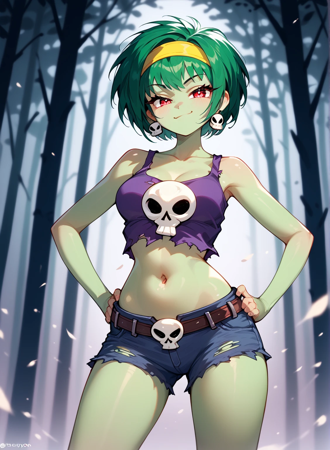 [rottytops], ((masterpiece)), ((HD)), ((high resolution)), ((detailed shading)), ((solo portrait)), ((waist up)), ((front view)), ((cartoon aesthetic)), ((beautiful rendering)), ((intricate details)), {(slim body), (green skin), (short green hair), (cute red eyes), (white reflection in eyes), (short eyelashes), (medium breasts), (curvy hips), (beautiful legs), (smug grin)}, {(purple torn tank top), (midriff), (navel), (dark blue ripped jean shorts), (yellow hairband), (skull earrings), (skull belt buckle)}, {(Standing), (hands on hips), (looking at viewer)}, [ambient lighting, dark forest, moonlight]