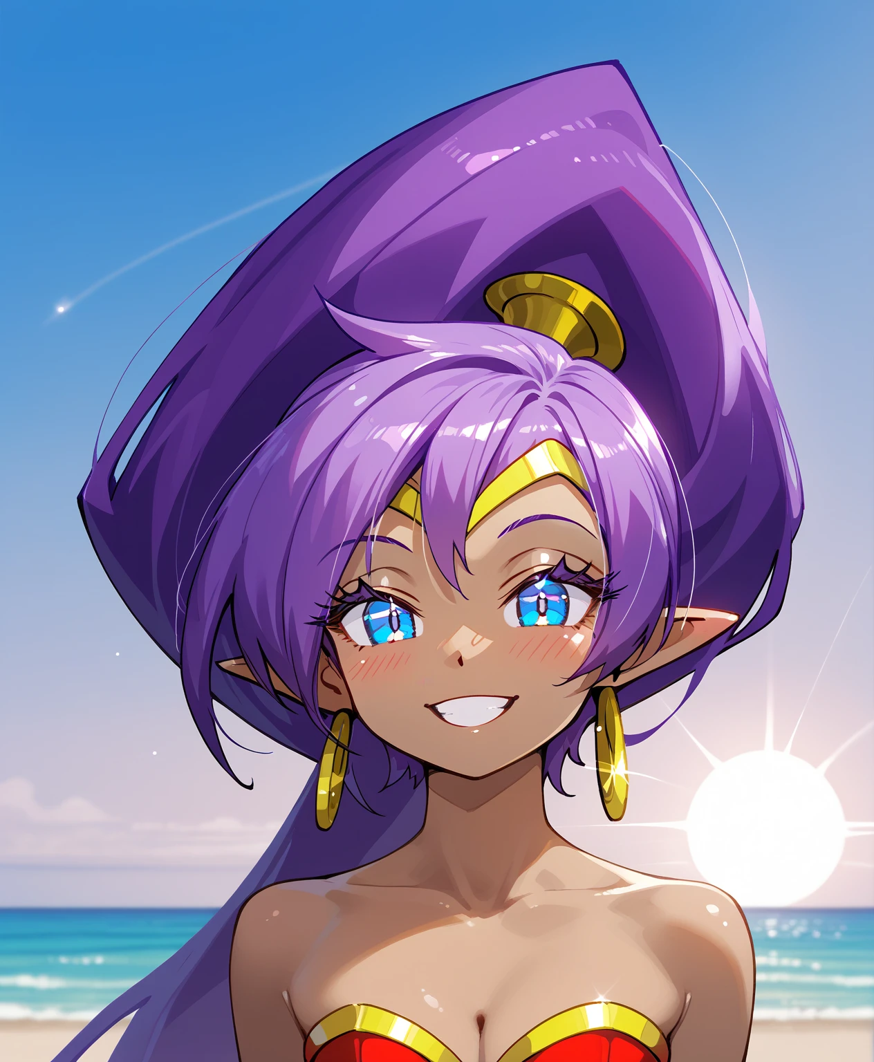 [Shantae], ((masterpiece)), ((HD)), ((highres)), ((face portrait)), ((close up)), ((front view)), ((cartoon aesthetic)), ((beautiful rendering)), ((detailed shading)), ((intricate details)), {(attractive figure), (dark skin tone), (brown skin), (purple hair), (spiky bang), (long ponytail), (cute blue eyes), (white reflection in eyes), (long eyelashes), (blushing), (cute grin)}, {(red strapless bra), (gold hoop earrings)}, {(looking at viewer)}, [ambient lighting, beach, glistening ocean, sun rays]