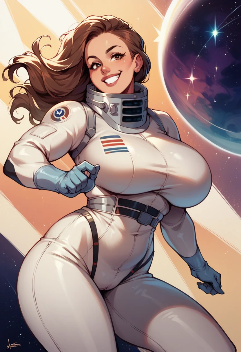 A woman,  smiling,  brown hair,  voluptuous body , in an astronaut suit ,  floating in space, Outer space.