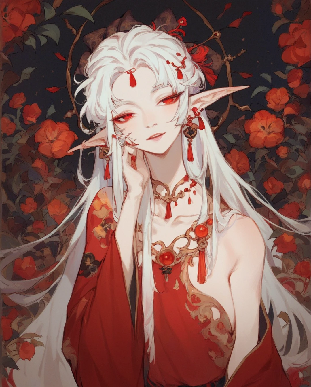  elf girl with long white hair,  with red eyes, Asian,  in red and white hanfu with phoenixes . with red hair decorations .