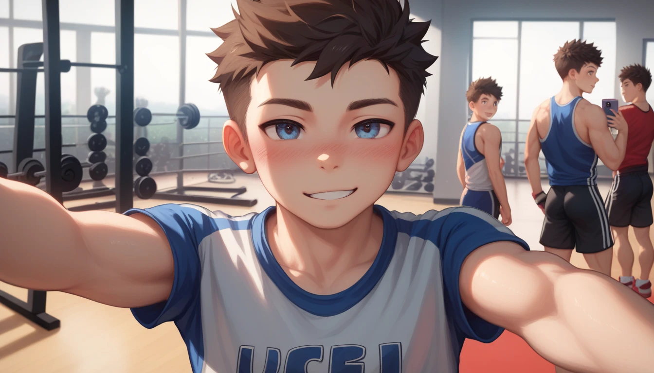 Two handsome cute kiid little young boy 5yr,kiidnap,delicious expression,blush,messy short hair,from front,in public gym,kiid face,wearing clothes wrestling,selfie in gym mirror,fullbody,HD,4k,8k,dynamics lighting,perfect lighting,realistic