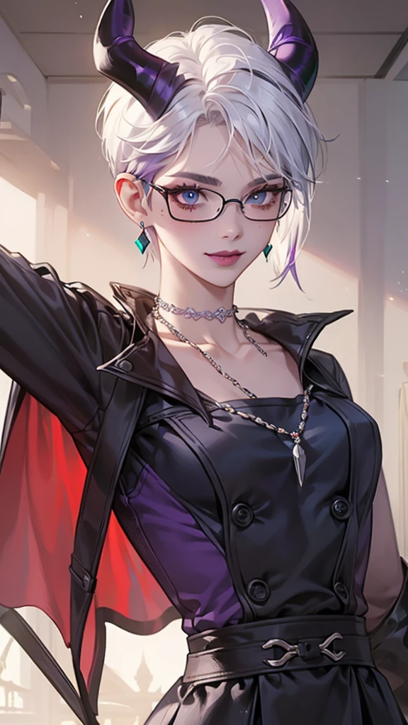 8k, masterpiece, best quality, highly detailed, 1girl, tiefling, necromancer, solo, multicolored hair, very short straight hair green highlight hair on white hair, strippled hair, wearing glasses, round glasses, earrings, necklace, navel piercing, collarbone, cleavage,  short tight skirts, high heels, mole, glamorous, teal and purple clothing, villainy, smirk, seductive pose, close ups view, rings, looking at viewer, standing, demon horns, graveyard, skeletons, midnight, blue moon.